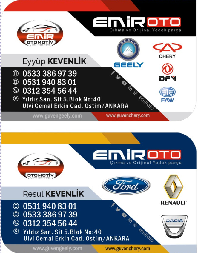 EMİR GEELY, CHERY, RENO, DACİA , FORD  ÇIKMA PARÇA